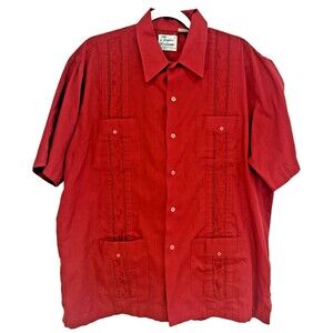 Haband Guayabera Men's Shirt XL Red Button Up Short Sleeve Pockets Vintage EUC